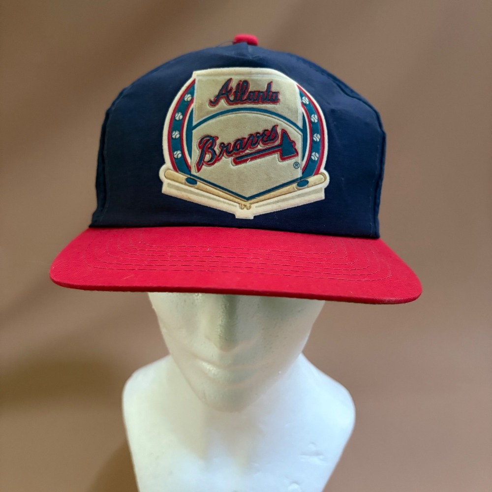 Vintage Atlanta Braves Drew Pearson Snapback Hat MLB Navy Red Patch Cap 90s OSFA
